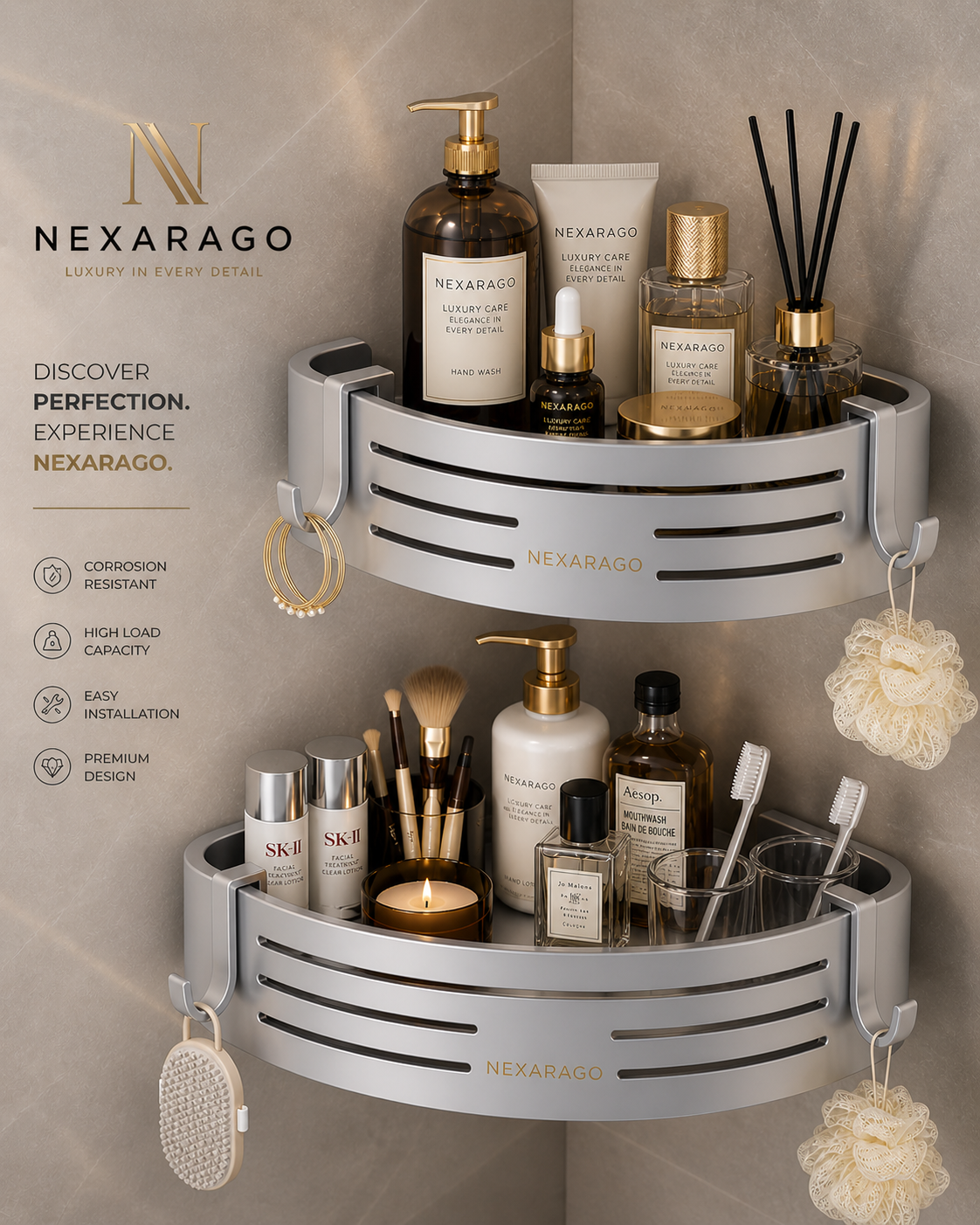 Modern design aluminum corner bathroom shelf storage rack for bathroom